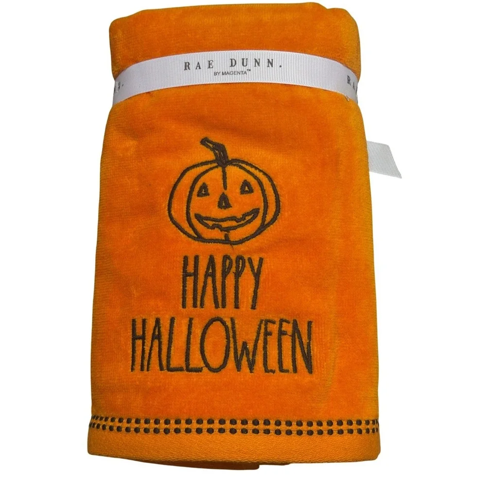Rae Dunn Towels Kitchen Hand Set of 2 Orange Happy‎ Halloween Pumpkins  New